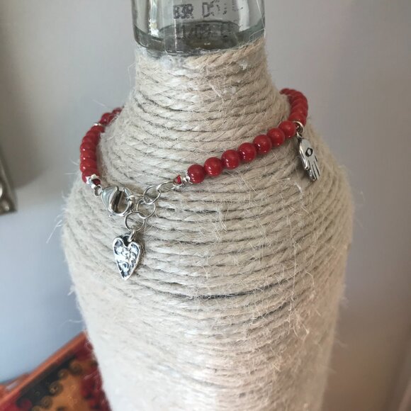 Sterling Silver Lucky Hamsa Bracelet With Red Coral Beads Dangle Charms Heart - Picture 3 of 3